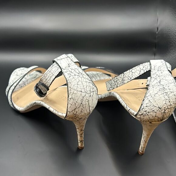 J Crew Size 9 Crackled Ankle Strap High Heel Leather Sandals White Black Marble - Picture 4 of 9